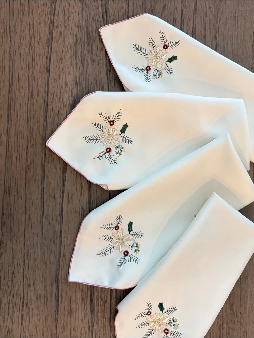 Embroidered Cream Holiday Napkins with Red Trim (Set of 4 Napkins)